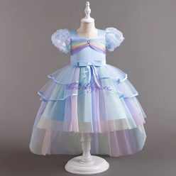   Rochita  Amelia 3-12 ani albastru  curcubeu cu trena multicolor