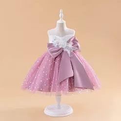   Rochita banchet eleganta fetite roz Elizee 5-9 ani lungime medie cu funda mare in fata