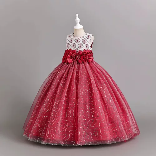 Rochie nunta copii 4-12 ani rosie bordo cu paiete si broderie Livet lunga fara maneci 