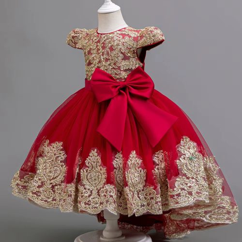 Rochie eleganta fete Leonide 3-12 ani rosie bordo cu broderie aurie cu trena