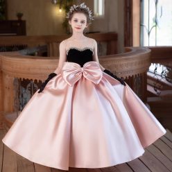   Rochita nunta fetite eleganta tafta roz cu negru Ozana DELUXE lunga 3-12 ani cu funda