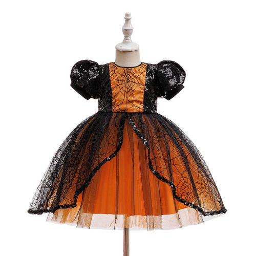 Rochita Haloween fetite portocaliu cu negru si paiete  3-12 ani model 3
