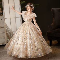   Rochita eleganta fetite Chantal DELUXE auriu lunga 2-12 ani cu paiete