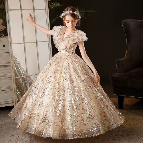 Rochita eleganta fetite Chantal DELUXE auriu lunga 2-12 ani cu paiete