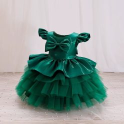 Rochita eleganta fetite verde Lidia 1-7 ani satin si volane