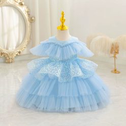   Rochie albastra botez fetite 0-4 ani Giulia guler Bardot cu paiete si lungime medie