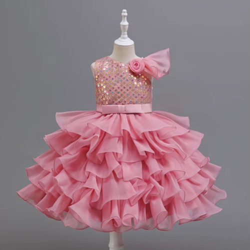 Rochii elegante fete banchet roz pudra Alexia 3-12 ani lungime medie cu volane