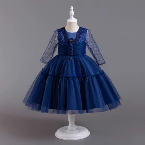 Rochita nunta fetite cu maneca lunga albastru inchis tulle Casiana 3-12 ani lungime medie 