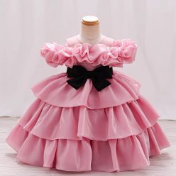 Rochie cu volane zi de nastere eleganta fetite roz pudra cu negru Palmer 1-7 ani lungime medie