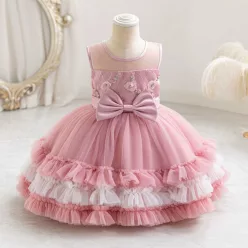   Rochie botez pentru fetite 0-4 ani roz pudra Luiza lungime medie 