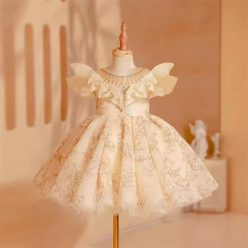   Rochita botez Otilia Deluxe Volume 1-12 ani crem cu paiete si inchidere tip corset
