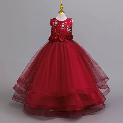Rochie lunga de ocazie fete bordo Alessia 3-12 ani cu broderie si paiete