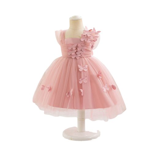 Rochita tulle roz pudra cu fluturi si trena 0-4 ani ocazie fetite Alezzia