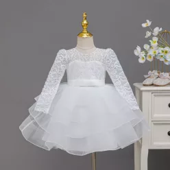 Rochita fete alba dantela Lorena cu maneca lunga si volane