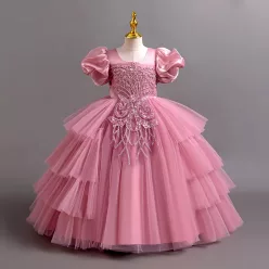   Rochie eleganta Noema roz pudra 3-10 ani broderie si maneca scurta