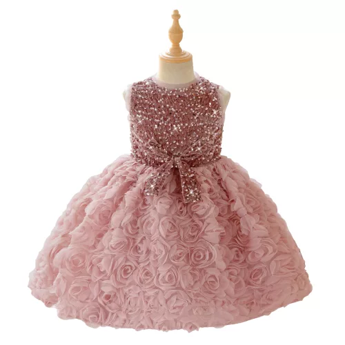 Rochie roz pudra eleganta fetita 4-8 ani cu paiete si trandafiri Mara
