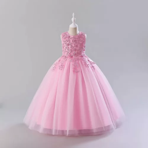 Rochie nunta copii 4-12 ani roz cu broderie Zeta lunga fara maneci