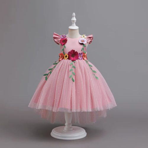 Rochita cu trena roz pudra eleganta fetite Primavera 3-12 ani cu flori colorate