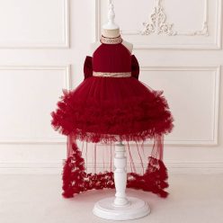 Rochie botez bordo cu paiete aurii cu trena detasabila nunta aniversare 0-4 ani lungime medie
