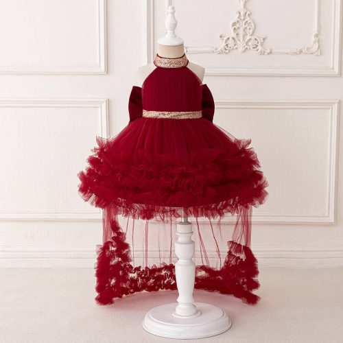 Rochie botez bordo cu paiete aurii cu trena detasabila nunta aniversare 0-4 ani lungime medie