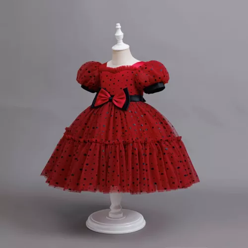 Rochita rosie cu buline negre buburuza Stefana 3-10 ani tulle maneca scurta