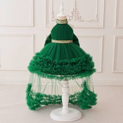 Rochie botez verde smarald cu paiete aurii cu trena detasabila nunta aniversare 0-4 ani lungime medie