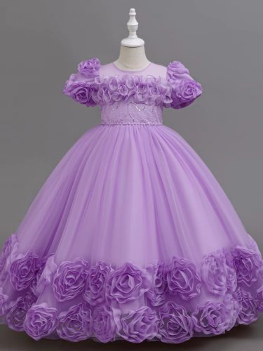 Rochita nunta eleganta fete Miriam  3-12 ani mov lunga cu trandafiri