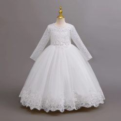 Rochie Misha alba 3-10 ani broderie si maneca lunga