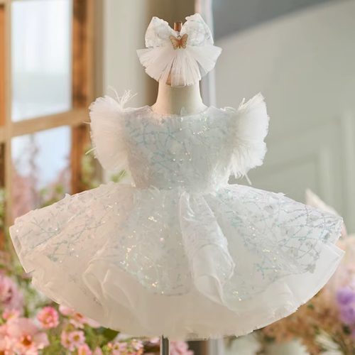 Rochita botez alba cu fluturi si paiete Cataleya Deluxe 1-12 ani 