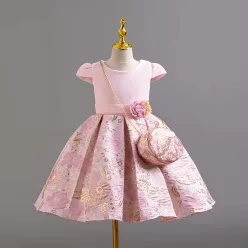   Rochie eleganta fete Perla 3-12 ani roz cu gentuta lungime medie