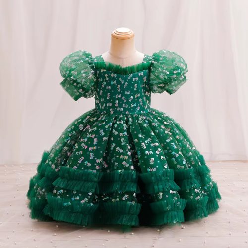 Rochita botez 3 luni - 3 ani Livina verde cu fluturi sidefati cu tulle si maneca scurta