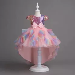   Rochita fetite eleganta Ramona curcubeu roz 3-12 ani cu trena lungime medie
