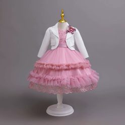   Rochita eleganta Ozana roz pudra 3-8 ani cu bolero alb maneca lunga