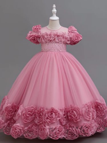Rochita nunta eleganta fete Miriam  3-12 ani roz pudra lunga cu trandafiri