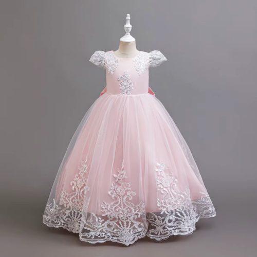 Rochie lunga de ocazie fete roz Magdalena 3-12 ani broderie