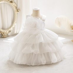 Rochie botez cu trandafir pentru fetite 1-4 ani alba Minerva lungime medie 