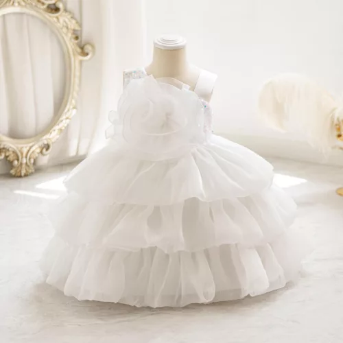 Rochie botez cu trandafir pentru fetite 1-4 ani alba Minerva lungime medie 