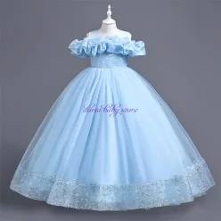 Rochita  Charlotte 3-12 ani albastru deschis lunga cu paiete