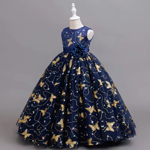 Rochie nunta copii 4-12 ani mov cu broderie Zeta lunga fara maneci