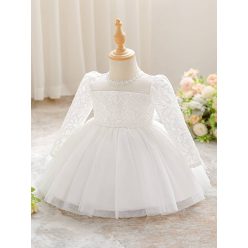   Rochita eleganta fetite Camila 0-2 ani alba cu maneca lunga dantela
