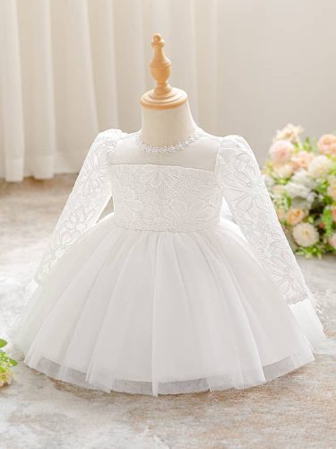 Rochita eleganta fetite Camila 0-2 ani alba cu maneca lunga dantela