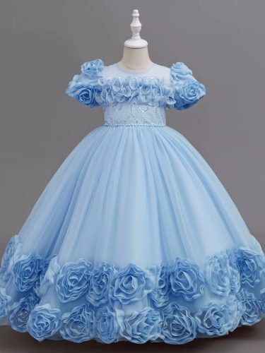 Rochita nunta eleganta fete Miriam  3-12 ani albastru deschis lunga cu trandafiri