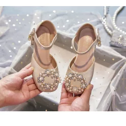 Sandale cu toc si perle fetite crem Letitia 25-38 elegante