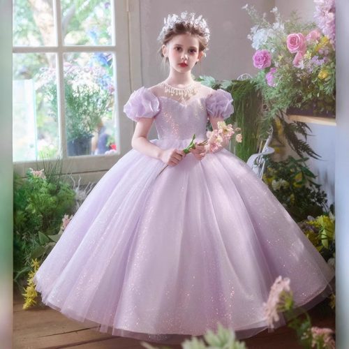 Rochita eleganta Eva Deluxe 3-12 ani mov lunga cu paiete