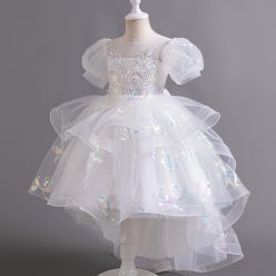   Rochita cu trena eleganta alba fetite 3-12 ani cu paiete Evelina