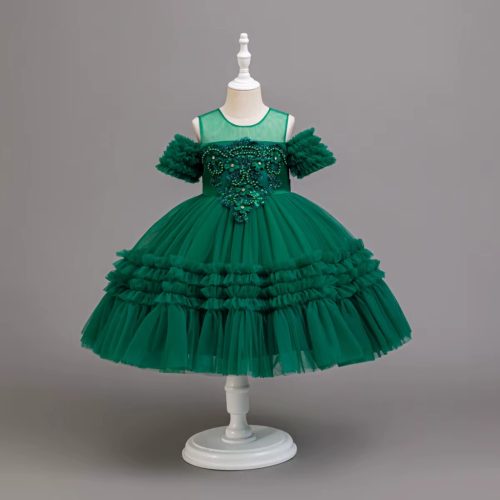 Rochita eleganta fetite nunta Erika verde 3-12 ani lungime medie cu broderie si tulle
