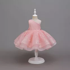   Rochita cu paiete fetite roz eleganta cu funda la spate Leonide 4-8 ani lungime medie