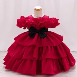 Rochie cu volane zi de nastere eleganta fetite bordo cu negru Palmer 1-7 ani lungime medie