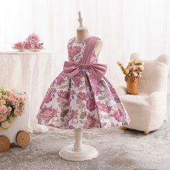 Rochita Casual Elizee roz 1-6 ani cu flori lungime medie