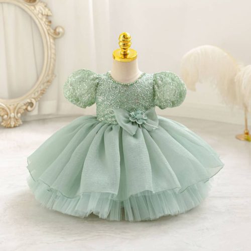Rochite elegante fete Ilinca 0-4 ani verde olive cu paiete maneca scurta